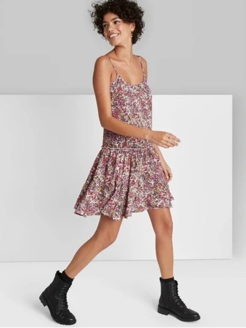 wild fable ~ Sleeveless ~ Swing Dress ~ Tier Skirt ~ Berry Floral ~ Cross Straps